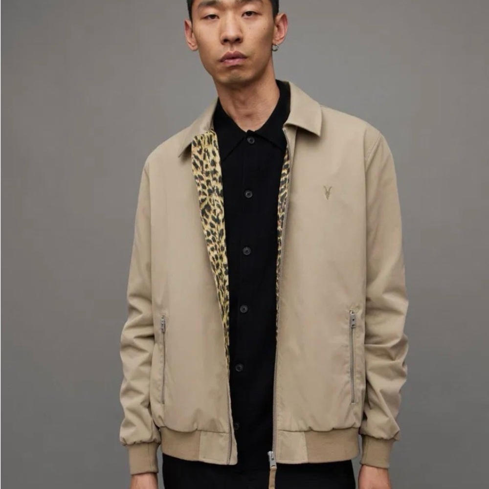 Tan All-Saints Bomber Jacket with Leopard Print Lining